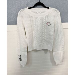 BP Women's Heart Embroidered Cable Knit Crew Neck Sweater Ivory